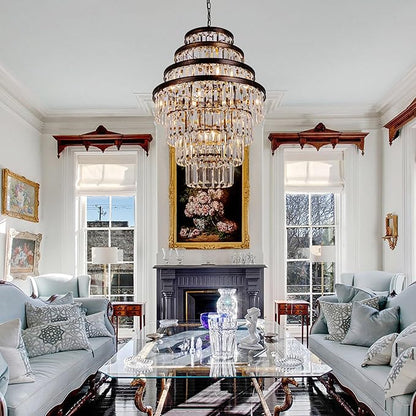 Wellmet Antique Gold Crystal Chandelier, 7-Tier Large Vintage Luxury Crystal Chandelier, Bronze Crystal Pendant Light for Living Room, Dining Table, Foyer, Drawing Room, Hallway, Entryway, Restaurant
