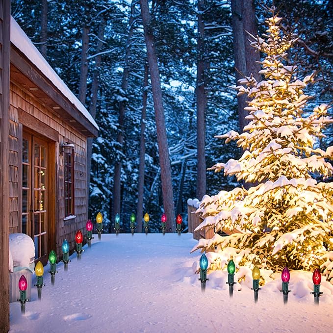 Abeja C9 Christmas Pathway Light Outdoor, 38Ft Multicolor Bulbs Christmas Pathway Lights with 25Stakes, Connectable Weatherproof Walkway Lights for Yard Lawn Sidewalk Garden Xmas Holiday Decor