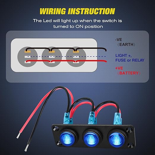 Nilight 3 Gang Rocker Switch Panel 12V Waterproof On-Off Toggle Switches with Blue LED Light Three Pin for Automotive Lights Marine Boat Car Camper Truck Vehicles
