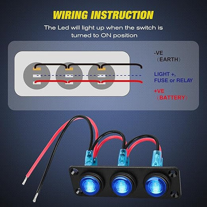 Nilight 3 Gang Rocker Switch Panel 12V Waterproof On-Off Toggle Switches with Blue LED Light Three Pin for Automotive Lights Marine Boat Car Camper Truck Vehicles