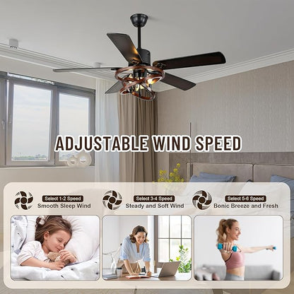 52" Ceiling Fan with Lights and Remote,Industrial Farmhouse Ceiling Fan with Adjustable Wood Grain Iron Cage,5 Reversible Dual-Color Blades,DC Quiet Motor,6 Speeds,Timer for Bedroom Living Room