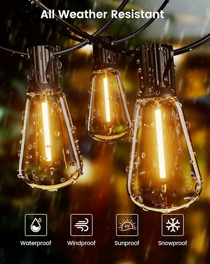 OHLUX Outdoor String Lights 100FT, Dimmable Patio Lights with 62 Shatterproof LED ST38 Vintage Edison Bulbs, 2200K Warm Connectable Hanging Lights for Outside Deck Porch Bistro Gazebos Balcony Garden