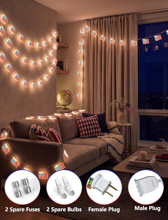GOOTHY 4th of July Lights 8.5F American Flag String Lights, Patriotic Lights with 10 Mini American Flag Lights, Plug in 4th of July Decorations Lights for Indoor Independence Day Party Memorial Day