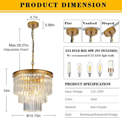 15.8" Gold Crystal Chandelier 6-Lights Crystal Round Pendant Lights 3-Tier Luxury Hanging Ceiling Light Fixture for Hallway Dining Room Living Room Bedroom Kitchen Island Stairway Entryway