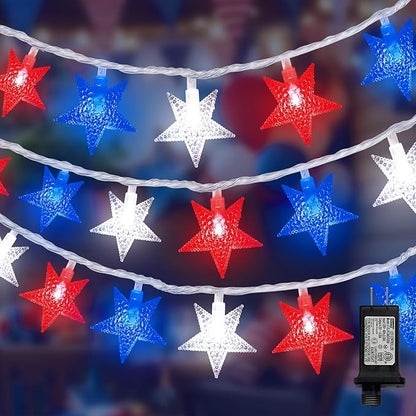 LAMPHOME Red White Blue Star String Lights, 33ft 100 LED Clear Wire Fairy Lights with 16 Modes, Plug-in Decor for 4th of July Patriotic Christmas Tree Bedroom Garden Wedding Birthday Party