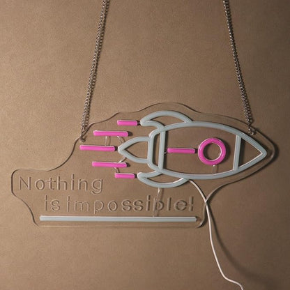 "Nothing Is Impossible!" Rocket Neon Light for Gaming Room Office – Motivational LED Wall Art, Dimmable USB Space-Themed Decor for Study Gym, Inspiring Gift for Gamers Teens Entrepreneurs