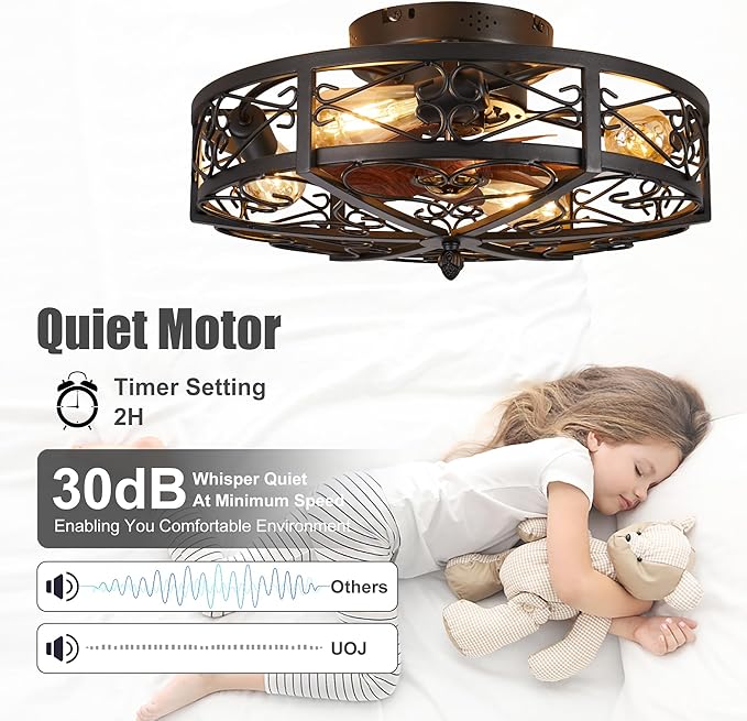 Rustic Black Caged Flush Mount Ceiling Fans with Lights and Remote Vintage Low Profile Bladeless Ceiling Fan, Reversible Motor, E26 Bulbs, 6 Speeds,for Farmhouse, Living Room, and Bedroom