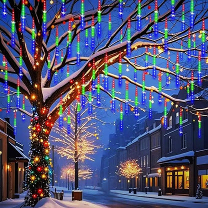 Weepong Meteor Shower Lights UL Certified 192LEDs 8 Tubes Falling Rain Drop Christmas Icicle Cascading Lights for Xmas Tree Halloween Decorations Wedding Party Holiday Garden Decor, Multicolor