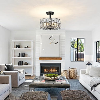 Modern Crystal Pendant Light Fixture Farmhouse Round Semi Flush Mount Ceiling Lights, Drum Shade 3LT Ceiling Lamp for Kitchen Island Dinning Room Bedroom, Hallway Black Finish