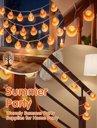 SUNSGNE 8.5FT LED Summer Seashell String Lights, 10 Textured Translucent Shell Beach String Lights with White Wire, Connectable Outdoor Indoor Decor for Summer Beach Theme, Pool Party, Ocean Bathroom