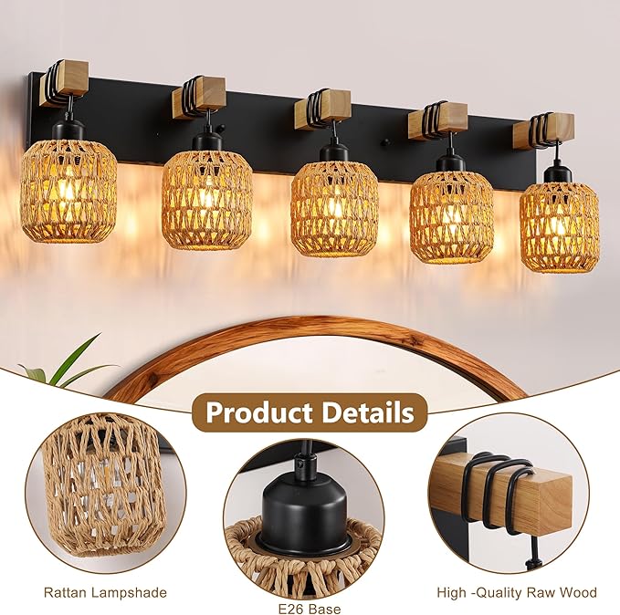 LmnLvn 36" Boho Bathroom Light Fixture, 5-Light Farmhouse Vanity Light, Rattan Bathroom Light Fixture Over Mirror Rustic Vanity Lighting with Handwoven Shades, Suit for Restroom, Bedroom, Hallway