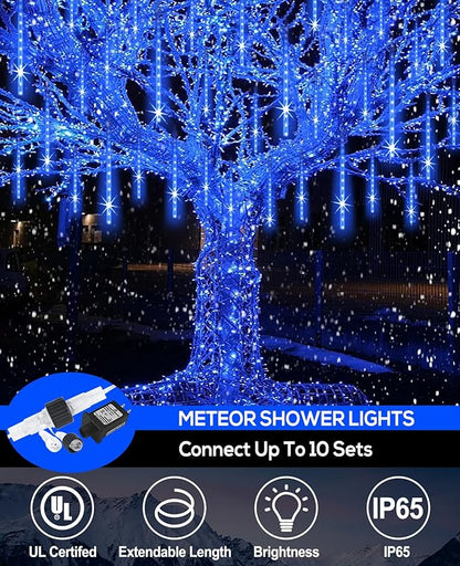 EAGWELL Meteor Shower Lights Outdoor Easter Lights UL Certified Falling Rain Drop Snowfall Icicle Cascading String Light for Xmas Holiday Tree Wedding Party Garden Decor Blue, 12 Inch 10 Tubes