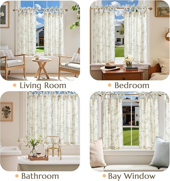jinchan Floral Kitchen Curtains 36 Inch Linen Tier Curtains Farmhouse Cafe Half Window Drapes Over Sink Light Filtering Black on Beige for Living Room Laundry Tie Top 2 Panels