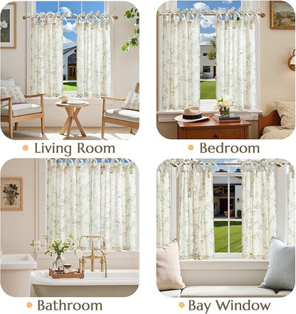 jinchan Floral Kitchen Curtains 36 Inch Linen Tier Curtains Farmhouse Cafe Half Window Drapes Over Sink Light Filtering Black on Beige for Living Room Laundry Tie Top 2 Panels
