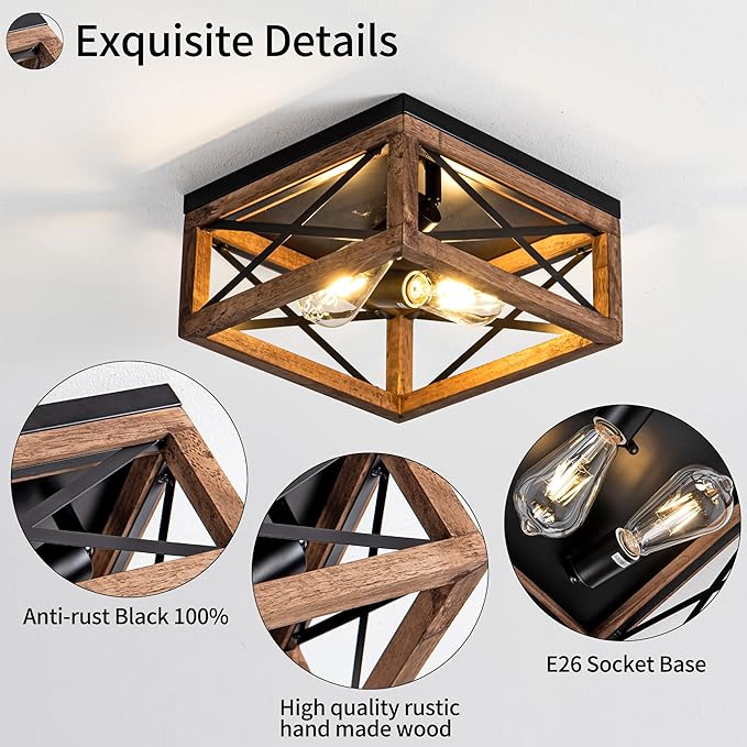 Rpzloila Flush Mount Ceiling Light Fixture for Kitchen Hallway, 2-Light Close to Ceiling Light with Black Metal and Wood Design, Rustic Farmhouse Ceiling (Bulb not Included)
