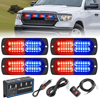 Nilight 4PCS LED Strobe lights 12V 24V Sync Feature Red Blue 24LED Emergency Hazard Warning Lights with Controller Hard Wire or Cigarette Lighter Plug for Car Truck RVs Campers