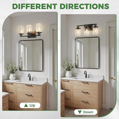 DORESshop 17 Inch Bathroom Light Fixtures, 3-Light Black with Gold Trim Bathroom Lighting Fixtures Over Mirror with Clear Glass Shade, Vanity Lights for Living Room Bedroom