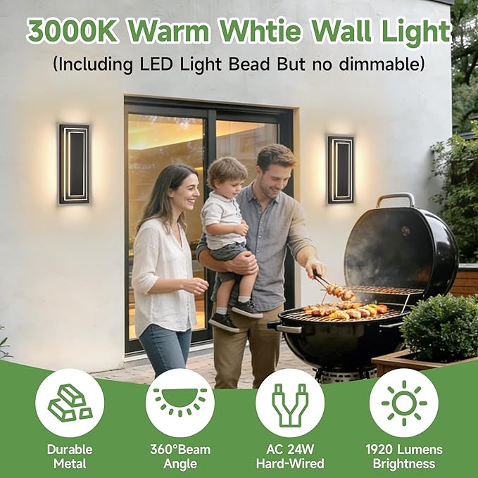Modern Outdoor Square Wall Sconce LED,15.7 in Waterproof Patio Wall Light Fixture,Exterior Lights for House,Side Garage,Front Porch,Entrance with 3000K 24W Light Bead,2PCS