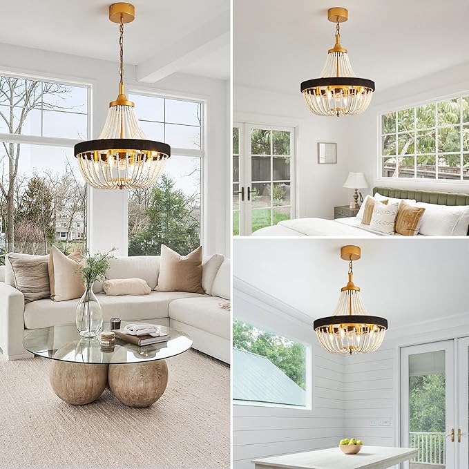 20 Inch Bohemian Empire Ceiling Fan Light 7 Blades, Remote APP Control, Adjustable Chain, Quiet Operation Ideal for Hallway, Living Room, Bedroom (Gold Metal+White Wood Bead, 20" Rustic Style)