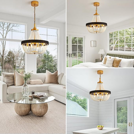 20 Inch Bohemian Empire Ceiling Fan Light 7 Blades, Remote APP Control, Adjustable Chain, Quiet Operation Ideal for Hallway, Living Room, Bedroom (Gold Metal+White Wood Bead, 20" Rustic Style)