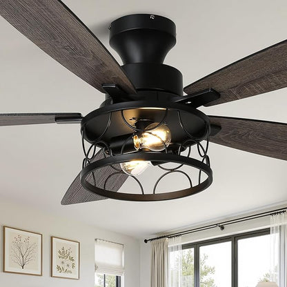 52 Inch Farmhouse Ceiling Fan with Lights Remote Modern Caged Chandelier Fan Rustic Fandelier, 5 Dual Blades, Reversible Quiet DC Motor 6 Speeds for Bedroom Patio (Metal Caged)