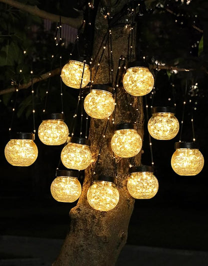 PARTPHONER Solar Lights Outdoor Waterproof 24-Pack, Solar Powered Hanging Lantern Cracked Glass Hanging Globes for Yard Decor Christmas Decoration, Shepherd Hook, Garden Tree Table Ornaments, Warm