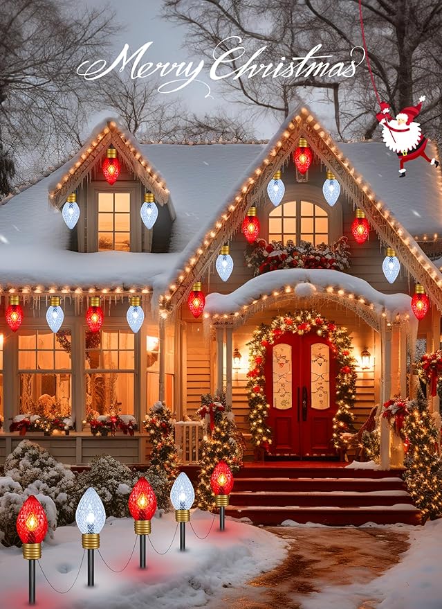 Strawberry Jumbo C9 Christmas Pathway Lights Outdoor - 8.5FT 5 LED C9 Walkway Light, Christma Decoration Outside, Christmas Lights Outdoor for Lawn Holiday Yard, Red & Pure White