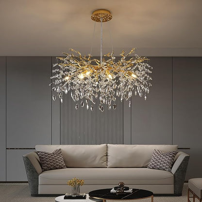 Crystal Tree Branches Chandeliers Luxury Round Gold Hanging Pendant Light 10 Lights for Dining Room Bedroom Living Room Entryway 30.5"