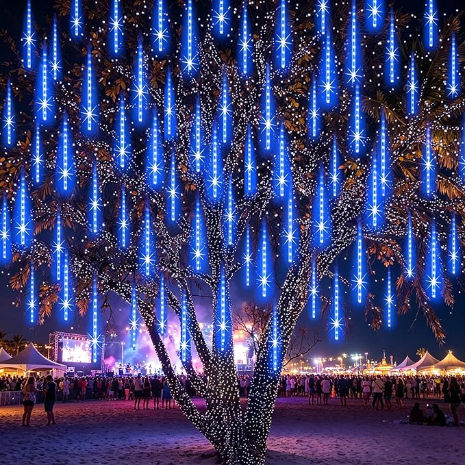 EAGWELL Meteor Shower Lights Outdoor Easter Lights UL Certified Falling Rain Drop Snowfall Icicle Cascading String Light for Xmas Holiday Tree Wedding Party Garden Decor Blue, 12 Inch 10 Tubes