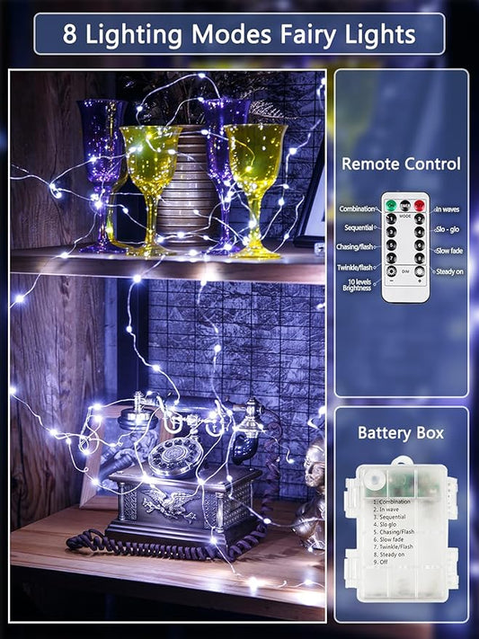 2 Pack Fairy Lights Battery Operated with Remote Control & Timer, Each 26FT 80 LED String Lights Outdoor Indoor, 8 Modes Twinkle Light for Christmas Party Wedding Birthday Bedroom Décor (Cool White)