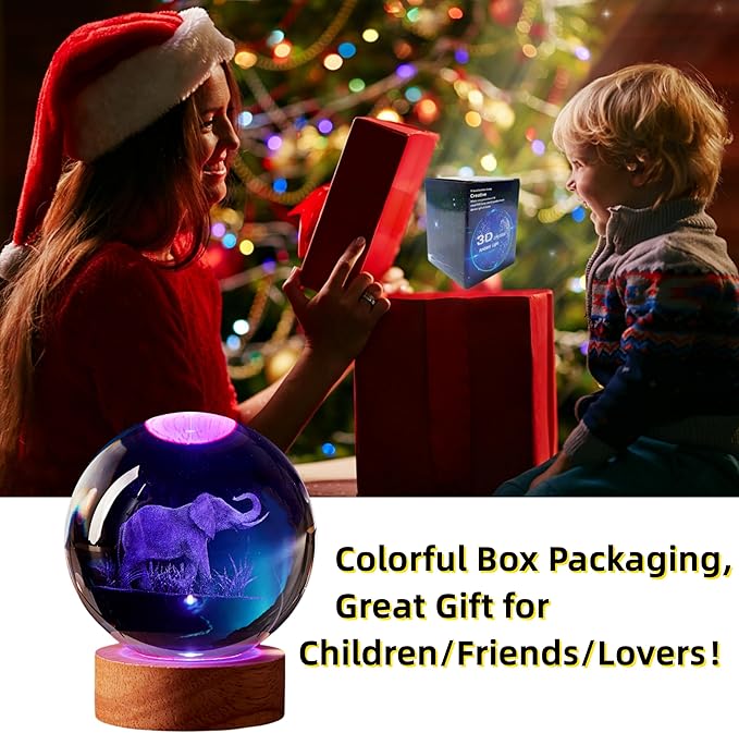 Elephant Crystal Ball Lamp, 3.15 inch, Night Light with Wooden LED Base, Glass Ball with USB, Remote Control, 16 Color Change, Gift Box
