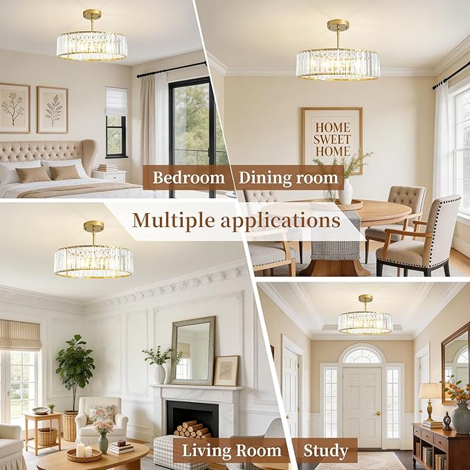 Modern Crystal Chandelier for Dining Room,16 Inch Gold Semi Flush Mount Ceiling Light Fixture,Round Kitchen Hanging Drum Pendant Lights Ceiling for Bedroom Foyer Hallway， 4-Light