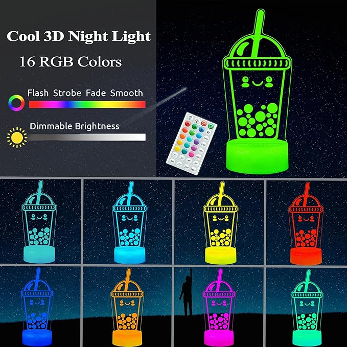 Boba Lamp, Boba Gifts, Boba 3D Night Light with Remote Control, 16 Color Changing, Timer, RGB Flashing Mode, Dimmable - Boba Gifts for Boys & Girls