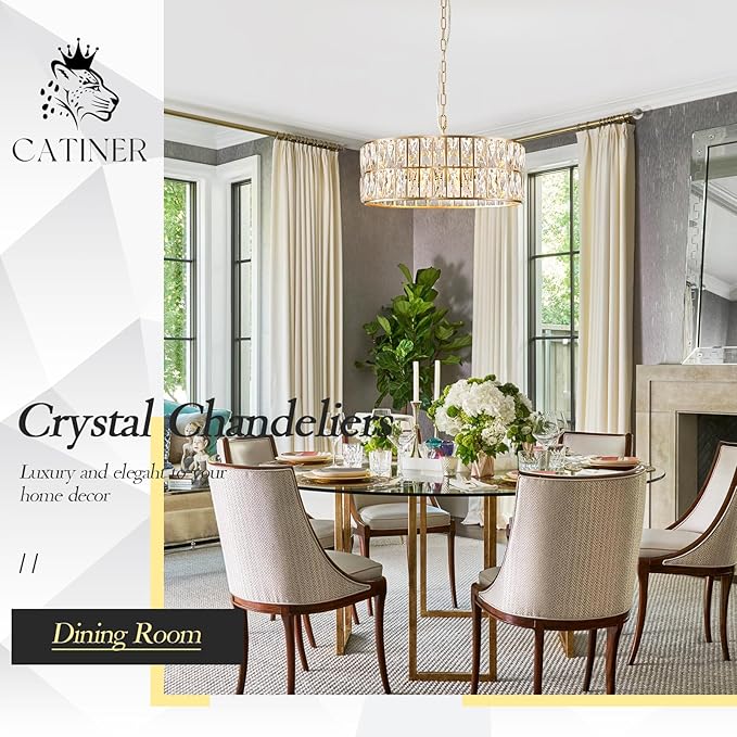 CATINER Modern Crystal Chandelier for Dining Room Gold Semi Flush Mount Ceiling Light Fixtures 18” Large Round Crystal Pendant Lighting for Foyer Bedroom Living Room