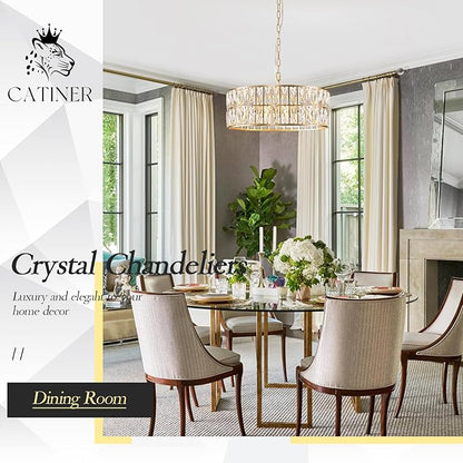 CATINER Modern Crystal Chandelier for Dining Room Gold Semi Flush Mount Ceiling Light Fixtures 18” Large Round Crystal Pendant Lighting for Foyer Bedroom Living Room