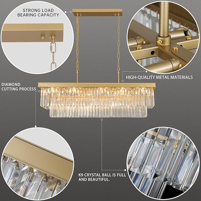 Weesalife Crystal Chandeliers for Dining Room Light Fixtures Over Table，15-Lights Gold Modern Rectangle Chandeliers for Kitchen Island Bar