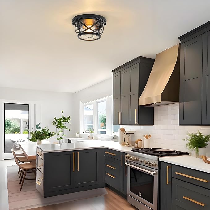 Flush Mount Ceiling Light Fixture Black, 2-Light Modern Farmhouse Porch Light Ceiling Mount for Outdoor, Indoor Flush Mount Lights Fixture for Hallway Foyer Kitchen Bathroom with Seeded Glass