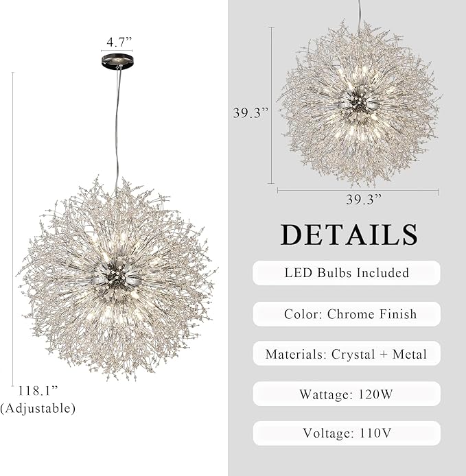 Large Sputnik Chandelier, Round Firework Hanging Lamp, Dandelion Farmhouse 24-Light, Modern Crystal Pendant Light Fixture for Living Room Kitchen Island Bedroom Dining Room (Chrome, D39.3inch)