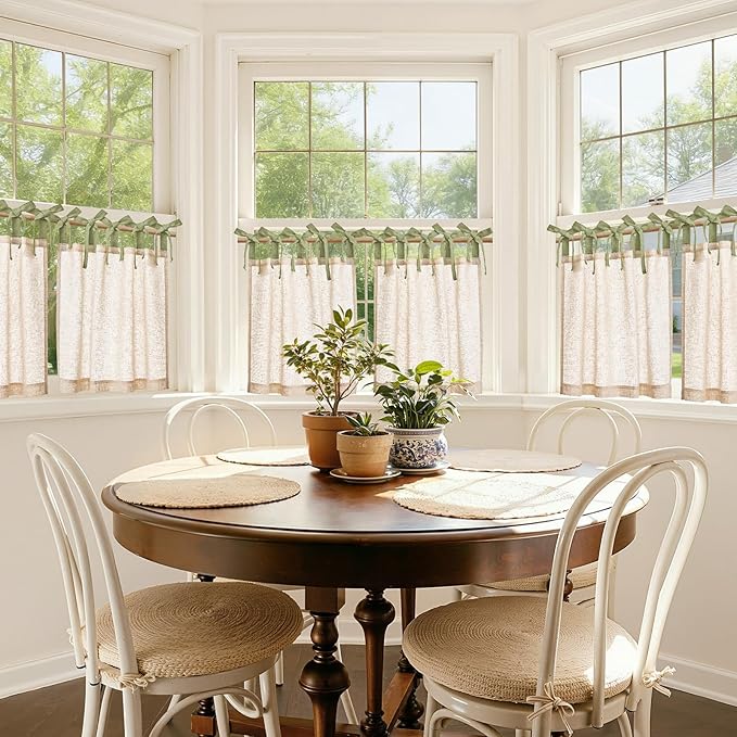 jinchan Linen Tie Top Curtains 24 Inch Length Farmhouse Cafe Curtains Set of 2 for Bedroom Bathroom Rustic Small Windows Light Filtering Crude Panels with Sage Green Ties