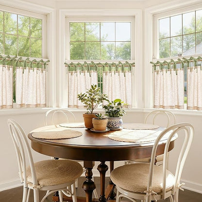 jinchan Linen Tie Top Curtains 24 Inch Length Farmhouse Cafe Curtains Set of 2 for Bedroom Bathroom Rustic Small Windows Light Filtering Crude Panels with Sage Green Ties