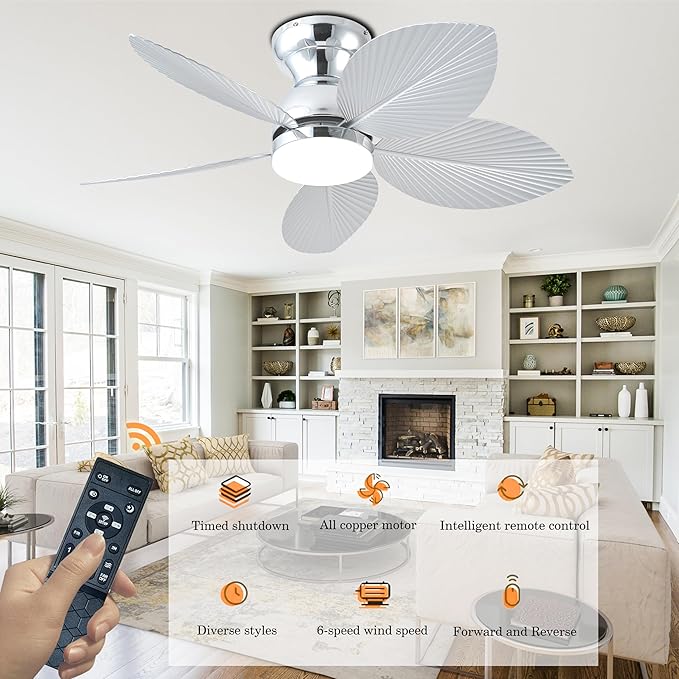 GJeg Tropical Ceiling Fans with Light, 38-inch Flush Mount Palm Leaf Ceiling Fans for Bedrooms, Indoors and Outdoors, Remote Control/APP Control, 6-Speed, Dimmable, Reversible,Chrome