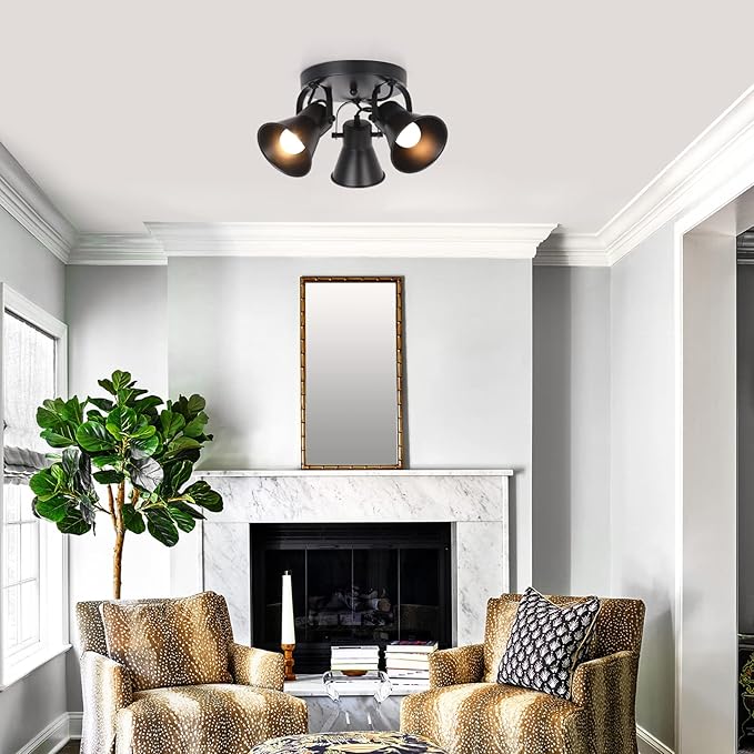 3-Light Industrial Track Lighting, Adjustable Round Kitchen Ceiling Light, Morden Black Flush Mount Directional Light for Kitchen, Hallway, Dining Room, Bathroom, Coffee Bar.