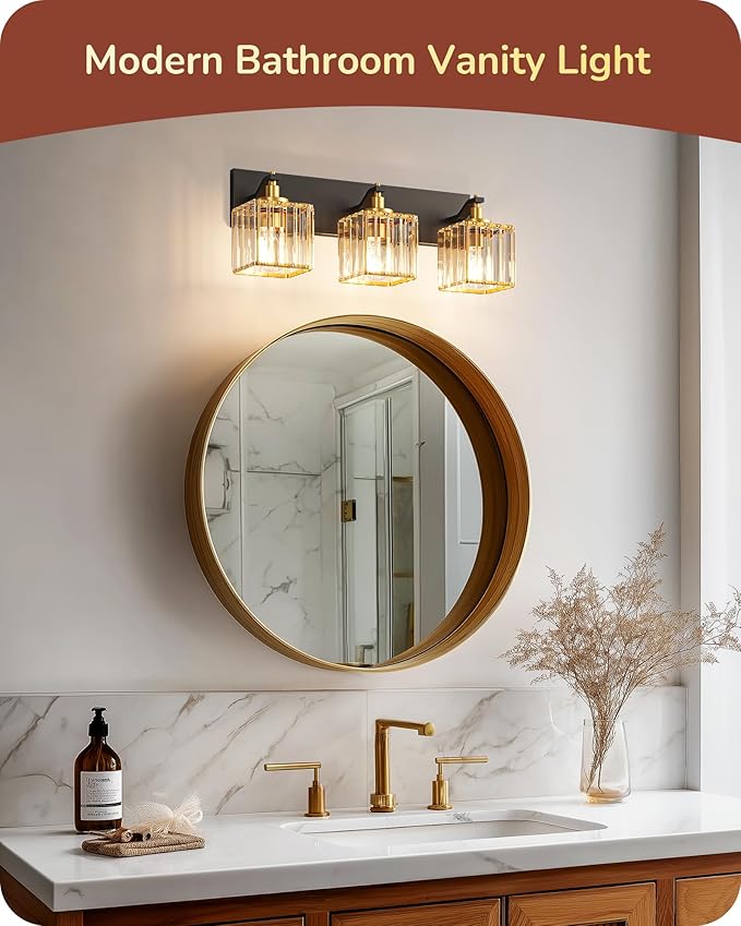 EDISHINE Modern Crystal Bathroom Vanity Light, 3-Lights Bathroom Light Fixtures Over Mirror, Black and Gold Vanity Light for Bathroom, Powder Room, Brass Wall Light Fixtures, E26 Base