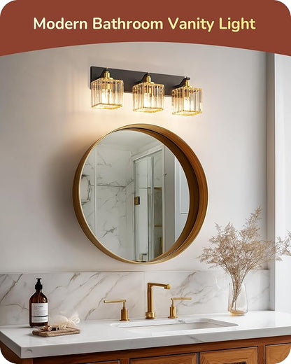 EDISHINE Modern Crystal Bathroom Vanity Light, 3-Lights Bathroom Light Fixtures Over Mirror, Black and Gold Vanity Light for Bathroom, Powder Room, Brass Wall Light Fixtures, E26 Base