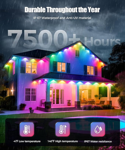 POOFZY Permanent Outdoor Lights for House,200ft RGB+IC Smart Outdoor Decor, 50 Scene Modes,App/Remote Control,for Christmas,V-Day,Thanksgiving,Daily & Holiday Party Decor