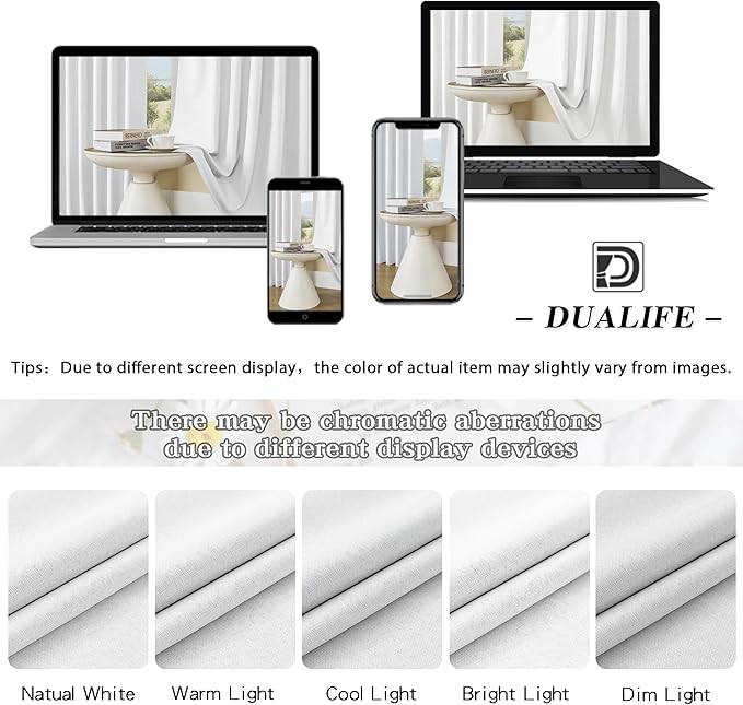 DUALIFE Greyish White Linen 100% Blackout Curtains 96 Inch Long,Light Blocking Privacy Protect for Master Bedroom Living Room Pinch Pleated/Rod Pocket/Back Tab/Hook Belt W50 x L96,Pure White,2 Panels