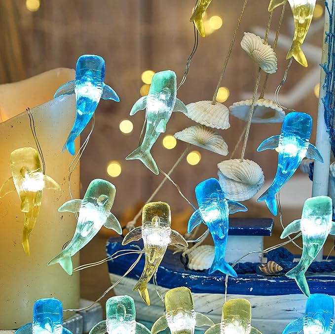 Nautical Theme Ocean Décor Outdoor Beach Decorative String Lights Whale Shark Cute Marine Life Novelty Night Lights 30LED 10ft Battery Operated for Outdoor Indoor Decor