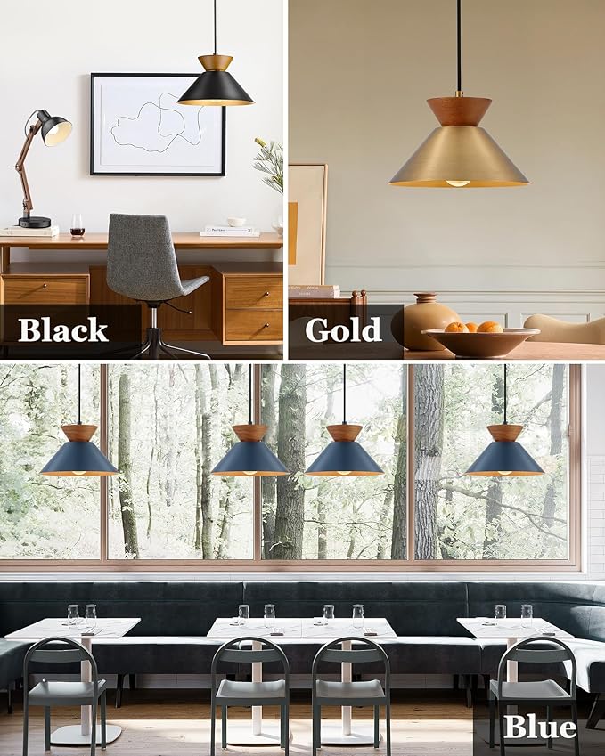 ELYONA Vintage Pendant Light for Kitchen Island, 10" Solid Wood Hanging Lamp with Brushed Brass Metal Shade & Gold Inner Finish, Mid Century Pendant Light Fixtures for Dining Room Bedroom Living Room