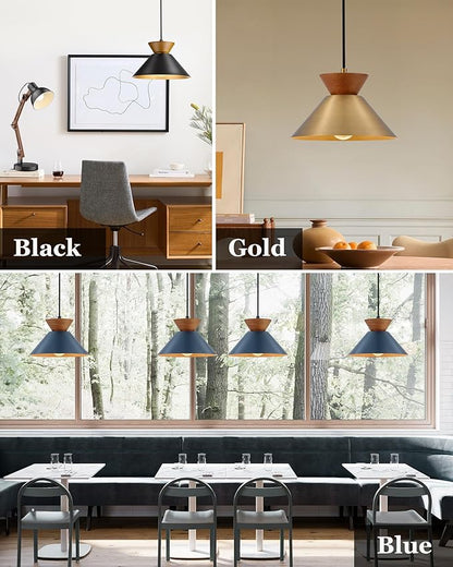 ELYONA Vintage Pendant Light for Kitchen Island, 10" Solid Wood Hanging Lamp with Brushed Brass Metal Shade & Gold Inner Finish, Mid Century Pendant Light Fixtures for Dining Room Bedroom Living Room