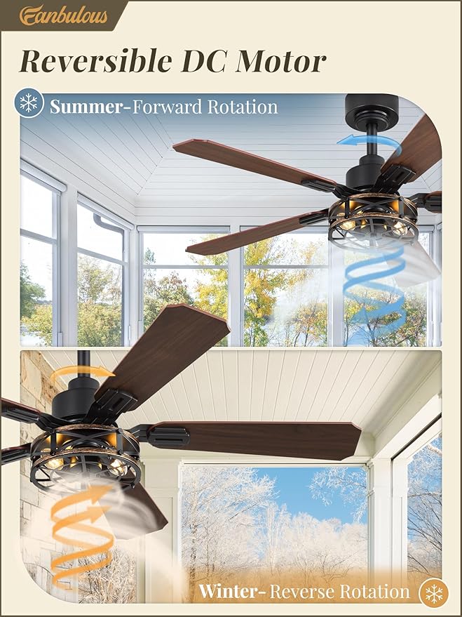 Fanbulous 2 Pack 42 Inch Rustic Caged Ceiling Fan with Lights, Black Farmhouse Ceiling Fans for Bedroom Living Room, Double-Sided 5 Blades Rustic Ceiling Fan